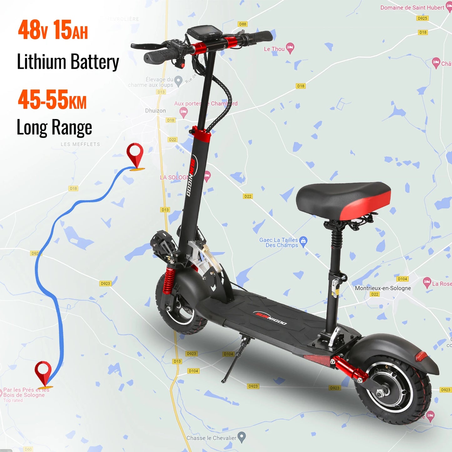 800W Powerful Electric Scooter 48V 15Ah Max Speed 50km/h 50km Range 10'' Tires Dual Shock Absorbing Folding EScooter for Adults