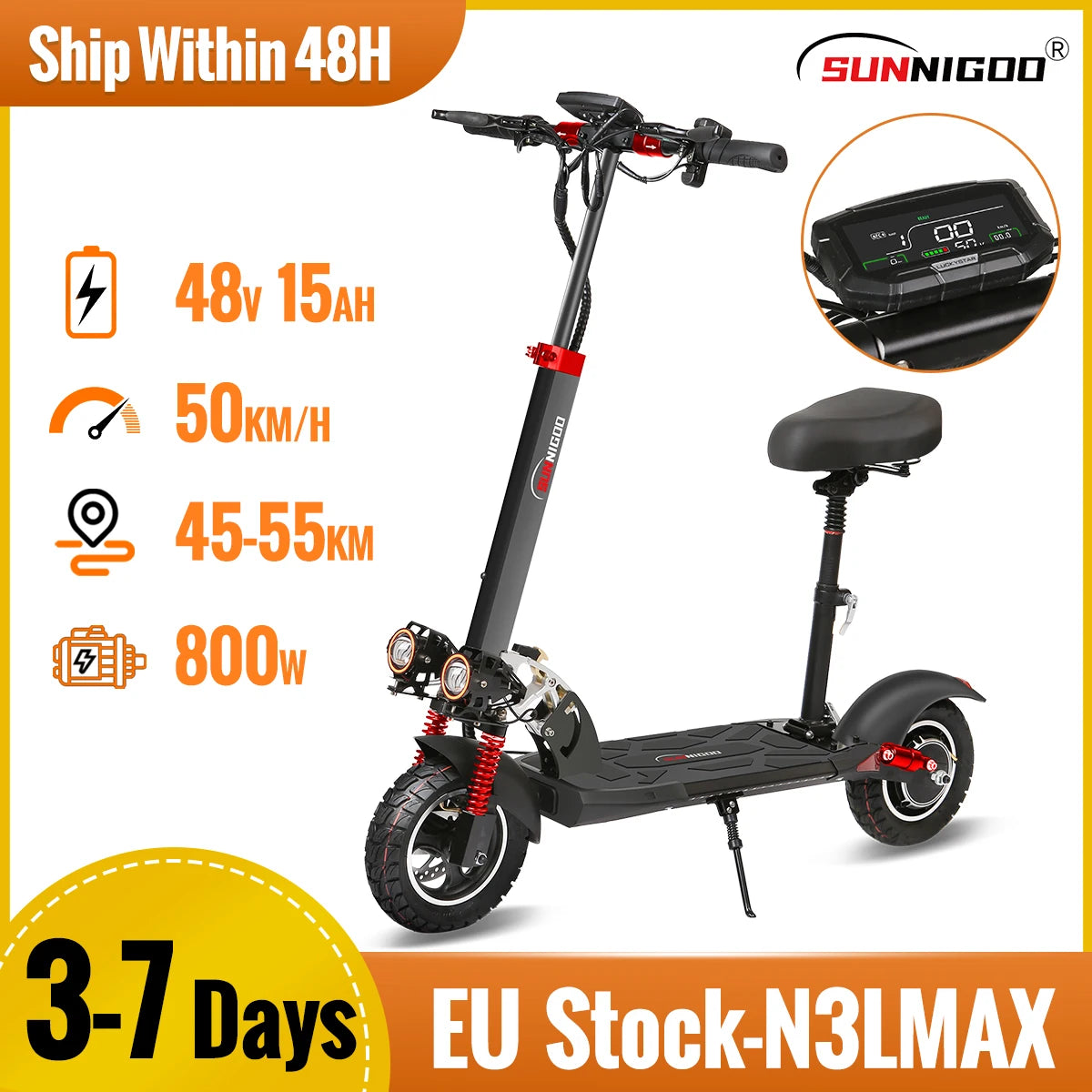 800W Powerful Electric Scooter 48V 15Ah Max Speed 50km/h 50km Range 10'' Tires Dual Shock Absorbing Folding EScooter for Adults
