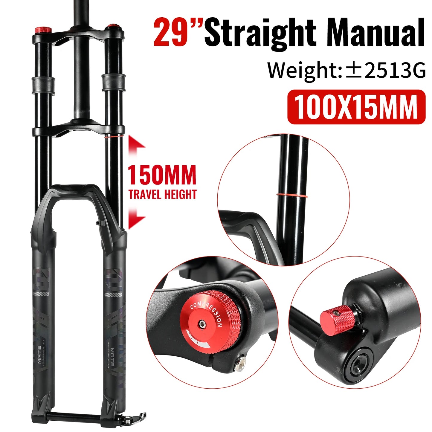 NanLio Bicycle Double Shoulder Air Suspension Fork - 150mm Travel for MTB & E-Bike Bikes 27.5"/29" Double Crown Fork