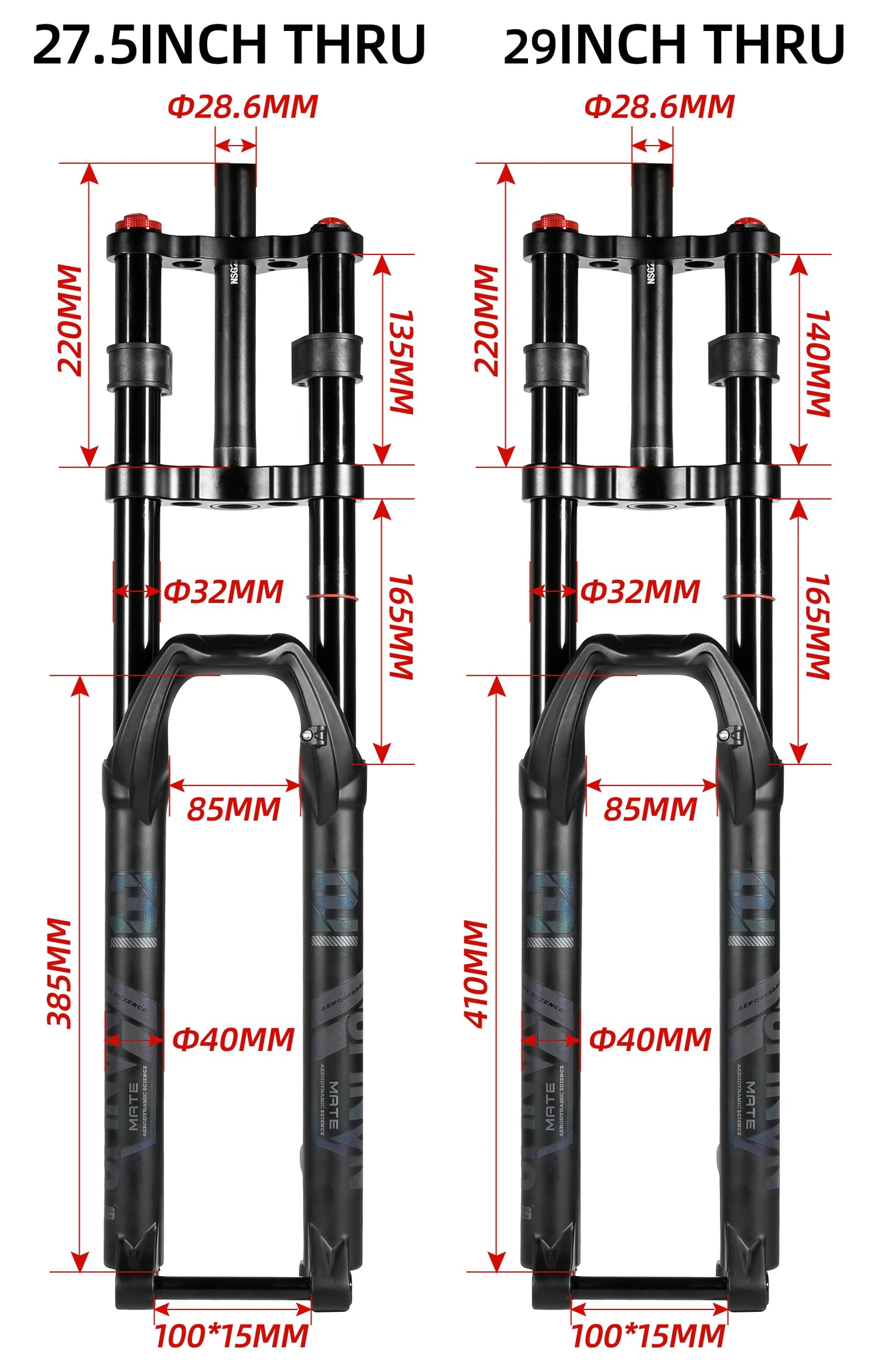 NanLio Bicycle Double Shoulder Air Suspension Fork - 150mm Travel for MTB & E-Bike Bikes 27.5"/29" Double Crown Fork