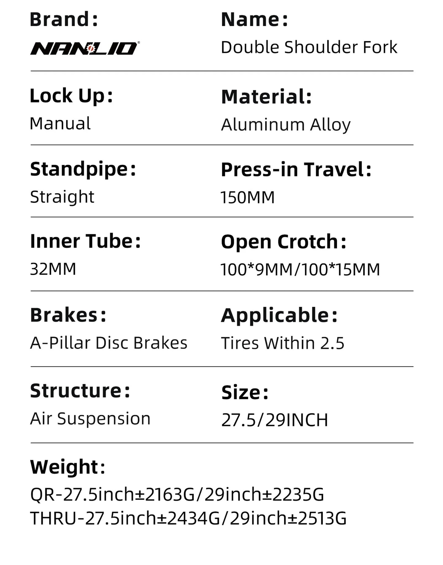 NanLio Bicycle Double Shoulder Air Suspension Fork - 150mm Travel for MTB & E-Bike Bikes 27.5"/29" Double Crown Fork