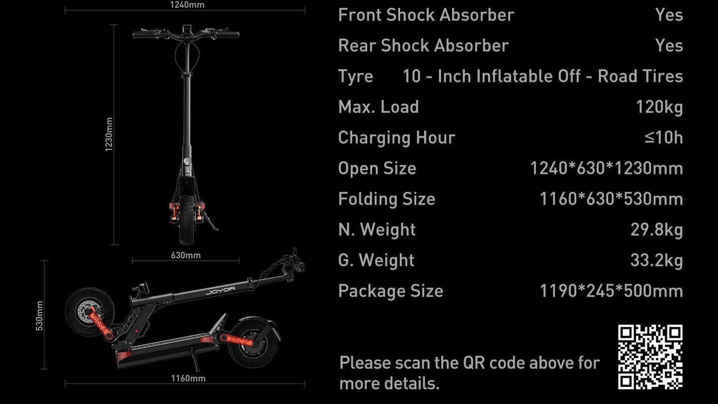 JOYOR S10-S-Z Electric Scooter 60V 18Ah Battery, Dual 1000W Motor ,10” Tire Adult Escooter,65km/h Max Speed 70-85km Range Black