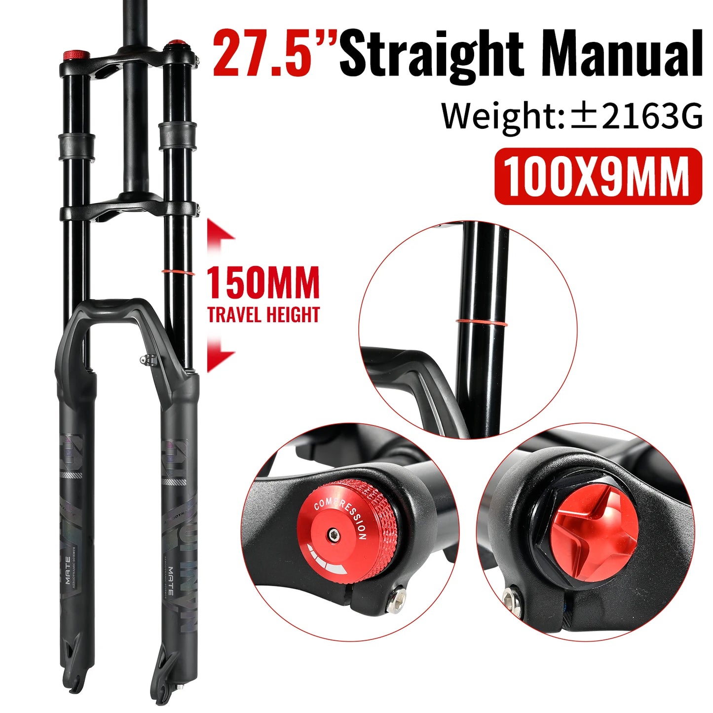 NanLio Bicycle Double Shoulder Air Suspension Fork - 150mm Travel for MTB & E-Bike Bikes 27.5"/29" Double Crown Fork