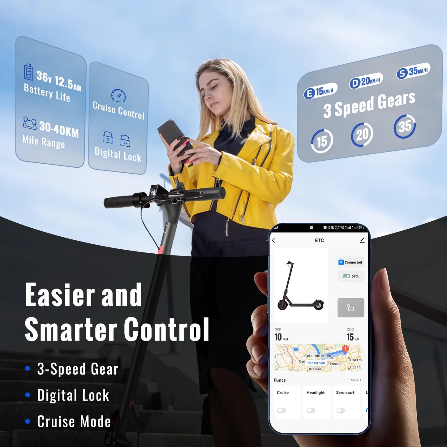 SUNNIGOO N7PRO 350W Adult Electric Scooter With APP 36V 10.4Ah Escooter 30km/h Kick Scooter Lightweight Long Range 30km Scooter