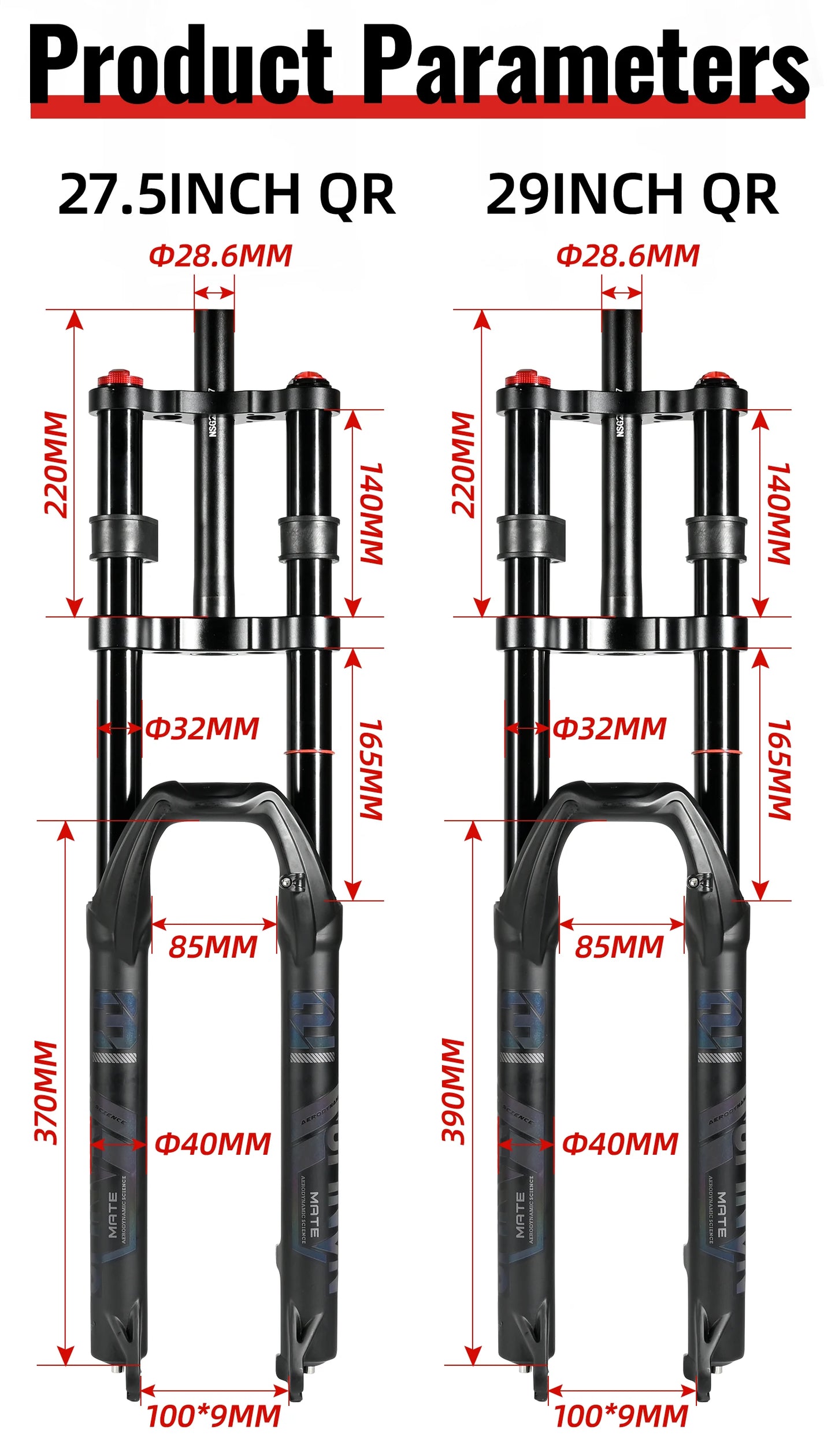 NanLio Bicycle Double Shoulder Air Suspension Fork - 150mm Travel for MTB & E-Bike Bikes 27.5"/29" Double Crown Fork