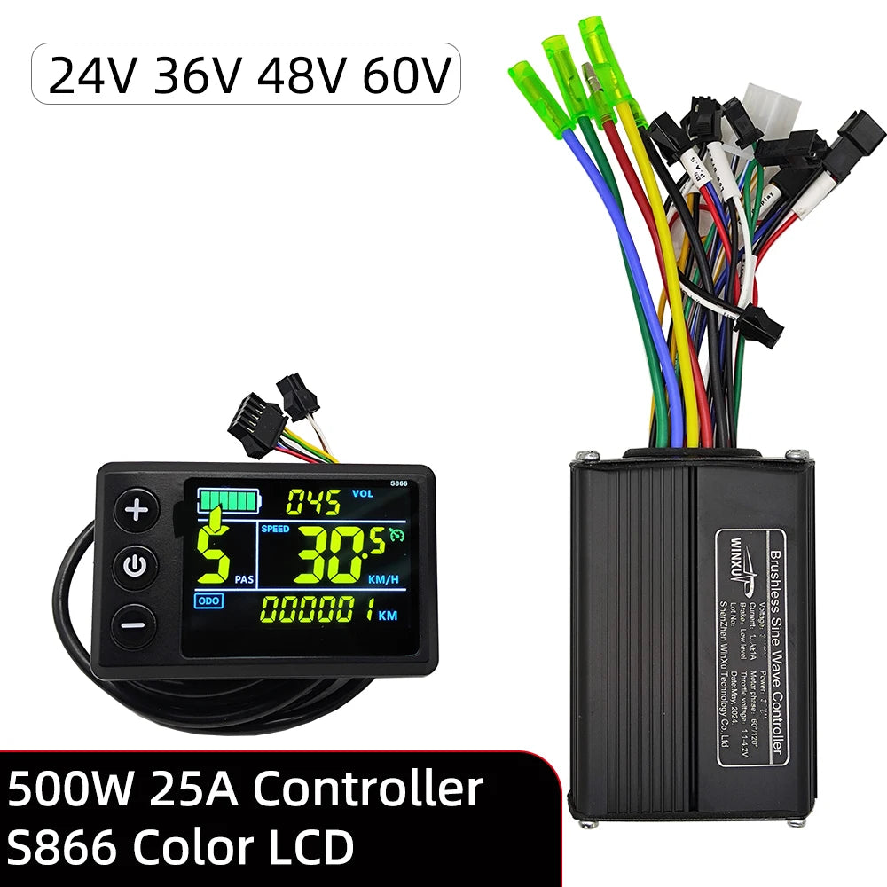 36V 48V 60V 500W 25A Sine Wave Brushless Motor Controller S866 Color LCD Display PAS Kit for Electric Scooter Bike E-bike Repair