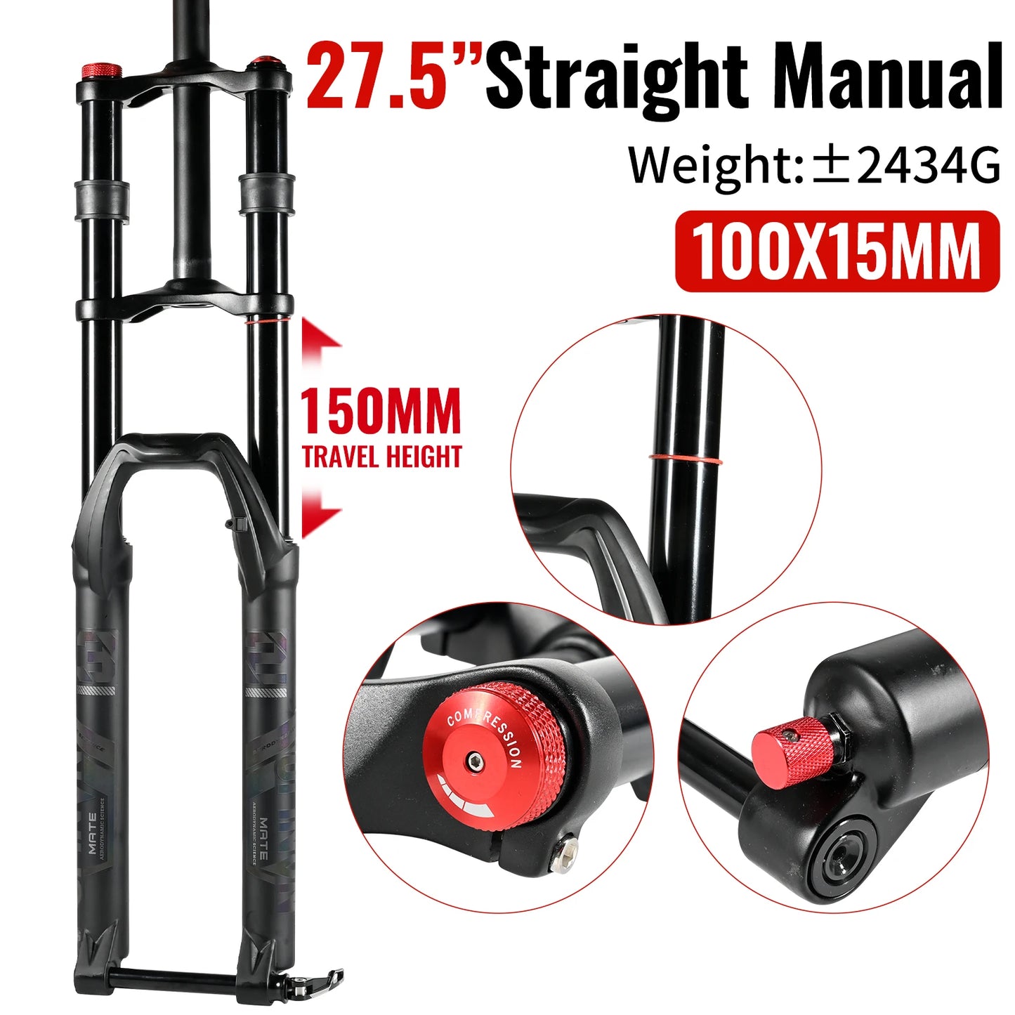 NanLio Bicycle Double Shoulder Air Suspension Fork - 150mm Travel for MTB & E-Bike Bikes 27.5"/29" Double Crown Fork