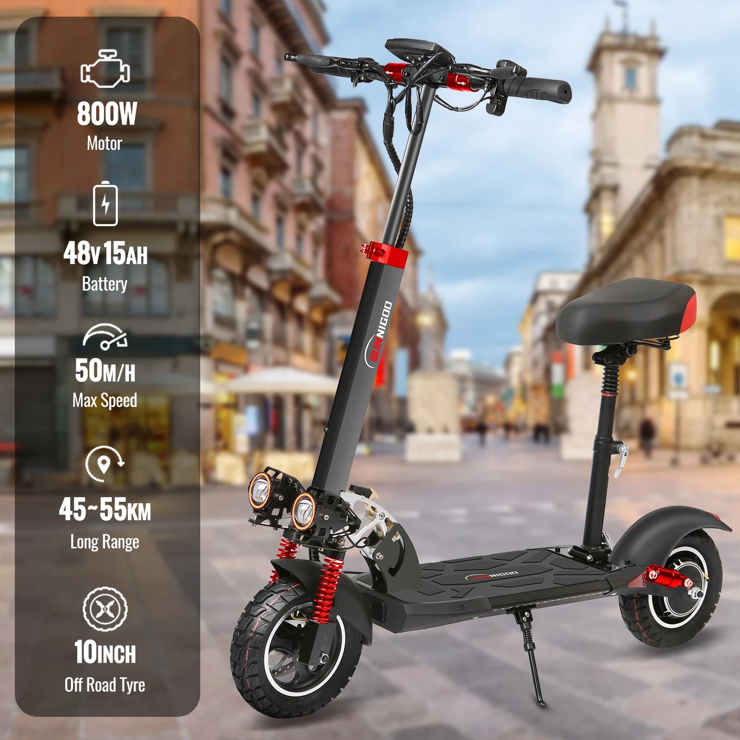 800W Powerful Electric Scooter 48V 15Ah Max Speed ​​50km/h 50km Range 10'' Tires Dual Shock Absorbing Folding EScooter for Adults