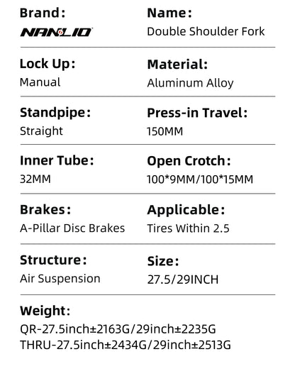 NanLio Bicycle Double Shoulder Air Suspension Fork - 150mm Travel for MTB & E-Bike Bikes 27.5"/29" Double Crown Fork