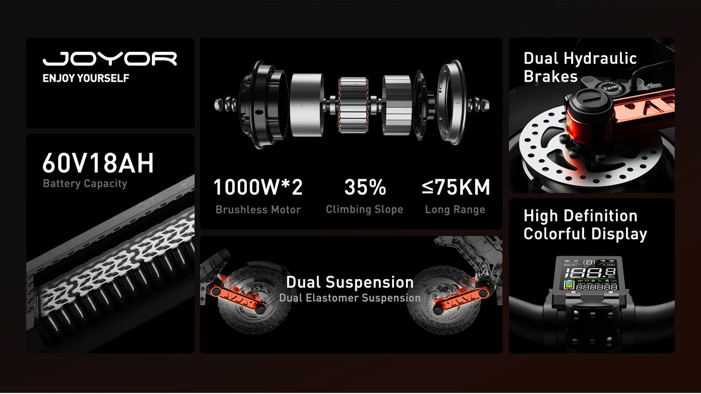 JOYOR S10-S-Z Electric Scooter 60V 18Ah Battery, Dual 1000W Motor ,10” Tire Adult Escooter,65km/h Max Speed 70-85km Range Black