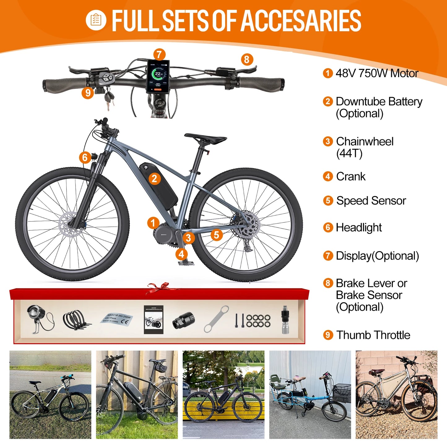 BAFANG 48V Battery 750W 500W 250W Mid Drive Motor Electric Bicycle Conversion BBS02 BBSHD with Dlsplay Kit，E-Bike Engine 68-73M