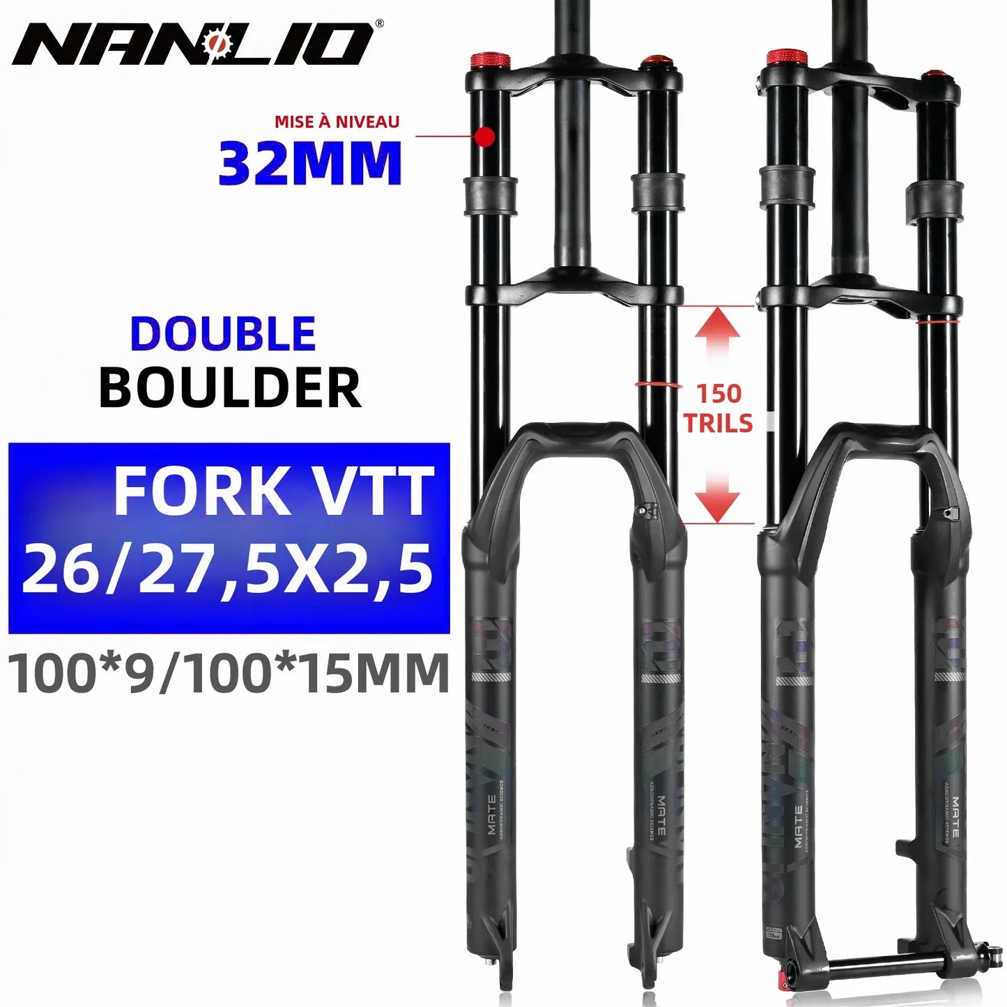 NanLio Bicycle Double Shoulder Air Suspension Fork - 150mm Travel for MTB & E-Bike Bikes 27.5"/29" Double Crown Fork