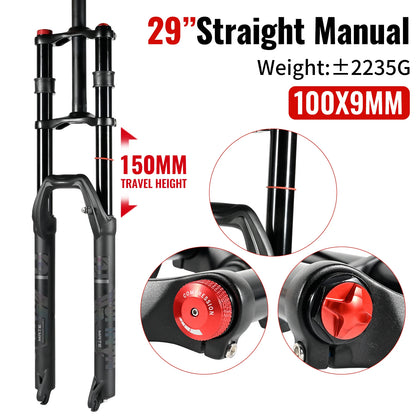 NanLio Bicycle Double Shoulder Air Suspension Fork - 150mm Travel for MTB & E-Bike Bikes 27.5"/29" Double Crown Fork