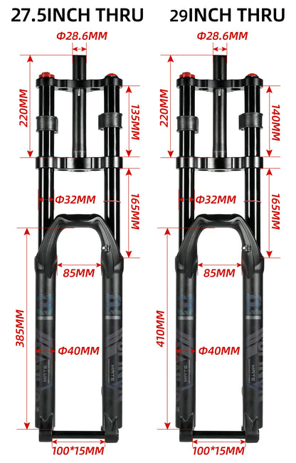 NanLio Bicycle Double Shoulder Air Suspension Fork - 150mm Travel for MTB & E-Bike Bikes 27.5"/29" Double Crown Fork