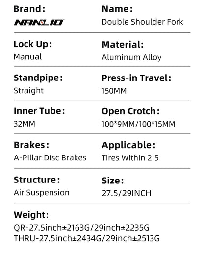 NanLio Bicycle Double Shoulder Air Suspension Fork - 150mm Travel for MTB & E-Bike Bikes 27.5"/29" Double Crown Fork