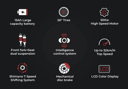 Samebike RS-A01 Pro-T 26Inch Electric Bicycle for Adults Mountain Bike 500W 36V 15Ah Lithium Battery City E-bike