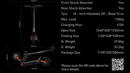 JOYOR S10-S-Z Electric Scooter 60V 18Ah Battery, Dual 1000W Motor ,10” Tire Adult Escooter,65km/h Max Speed 70-85km Range Black