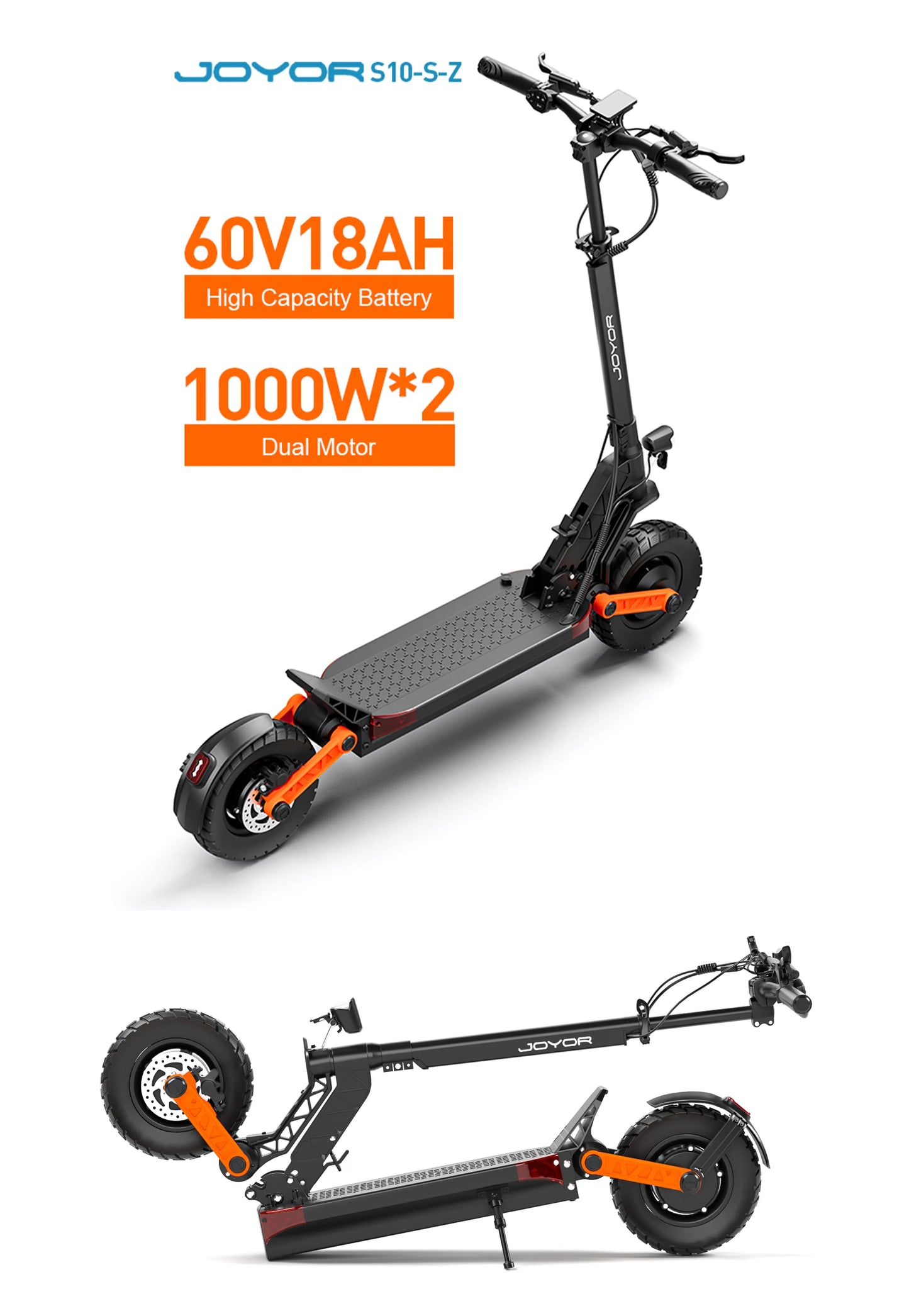 JOYOR S10-S-Z Electric Scooter 60V 18Ah Battery, Dual 1000W Motor ,10” Tire Adult Escooter,65km/h Max Speed 70-85km Range Black