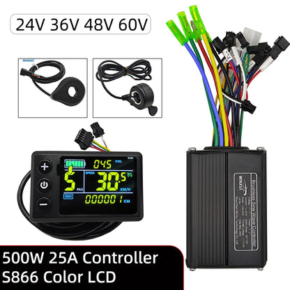 36V 48V 60V 500W 25A Sine Wave Brushless Motor Controller S866 Color LCD Display PAS Kit for Electric Scooter Bike E-bike Repair