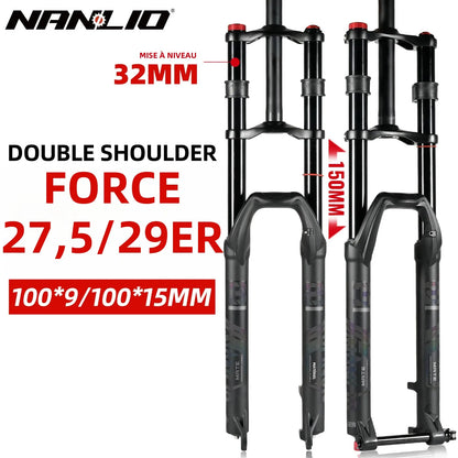 NanLio Bicycle Double Shoulder Air Suspension Fork - 150mm Travel for MTB & E-Bike Bikes 27.5"/29" Double Crown Fork