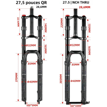 NanLio Bicycle Double Shoulder Air Suspension Fork - 150mm Travel for MTB & E-Bike Bikes 27.5"/29" Double Crown Fork