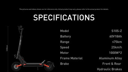 JOYOR S10-S-Z Electric Scooter 60V 18Ah Battery, Dual 1000W Motor ,10” Tire Adult Escooter,65km/h Max Speed 70-85km Range Black
