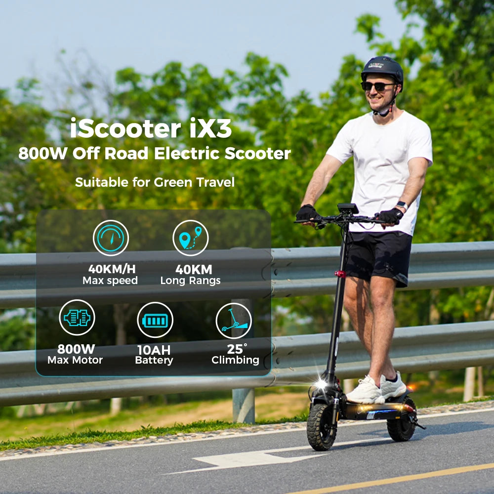iScooter iX3 800W Powerful Electric Scooter 40KM Range 10inch Off Road Tire Electric Kick Scooter 10Ah 40KM/H Scooter for Adults