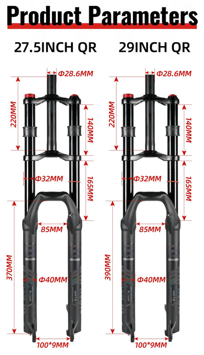 NanLio Bicycle Double Shoulder Air Suspension Fork - 150mm Travel for MTB & E-Bike Bikes 27.5"/29" Double Crown Fork